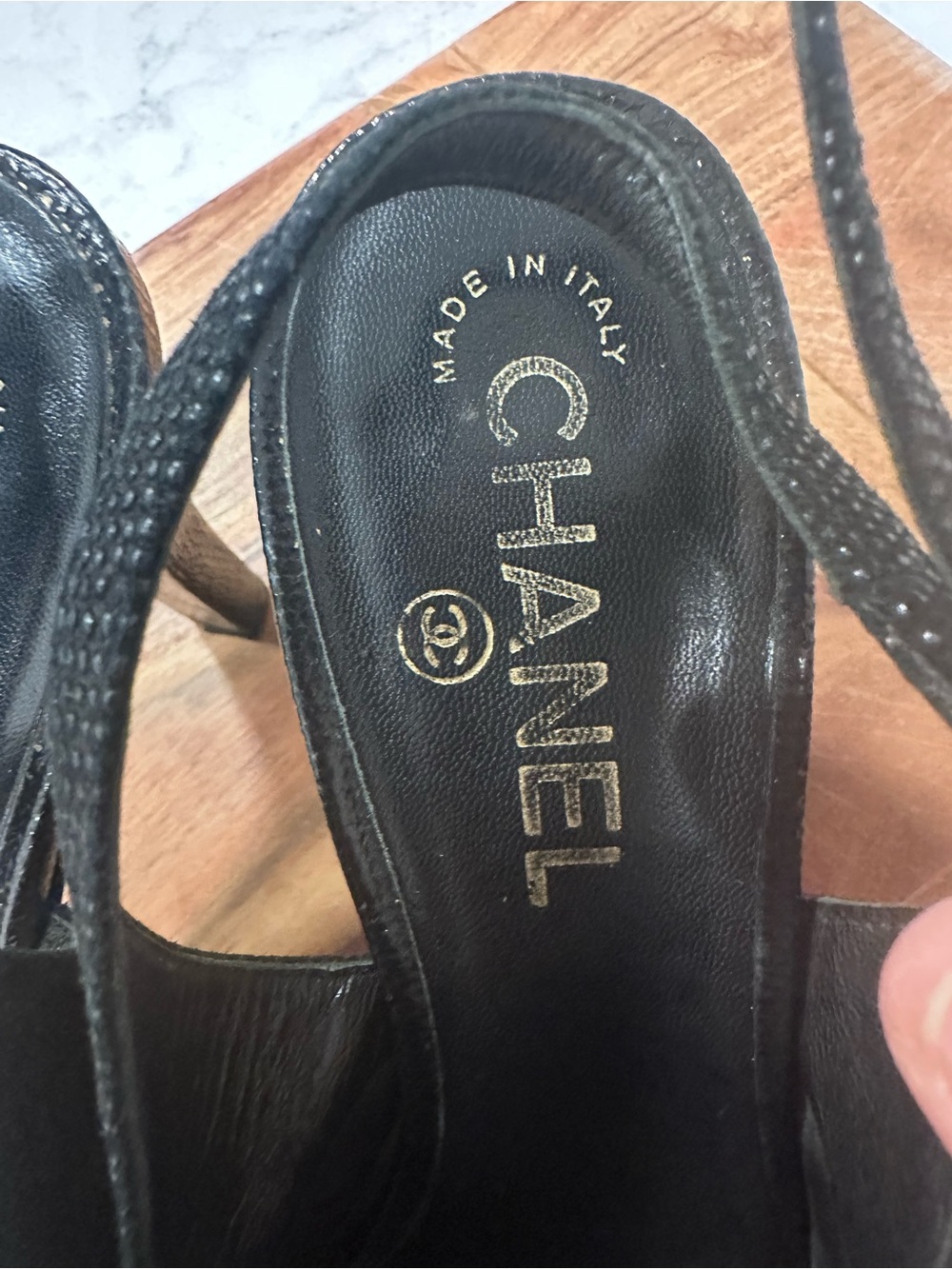 CHANEL Black Slingback Peep-Toe Heels with Gold CC Cap-Toe - Picture 7 of 12